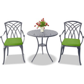 Homeology OSHOWA Grey Aluminium Weatherproof Outdoor Table and 2 Chairs with Armrests Bistro Set with Green Cushions