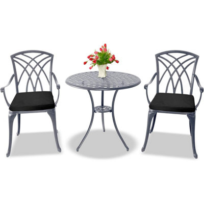 Homeology OSHOWA Grey Aluminium Weatherproof Outdoor Table and 2 Comfortable Chairs Bistro Set with Black Cushions