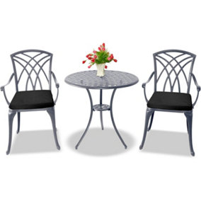 Homeology OSHOWA Grey Aluminium Weatherproof Outdoor Table and 2 Comfortable Chairs Bistro Set with Black Cushions