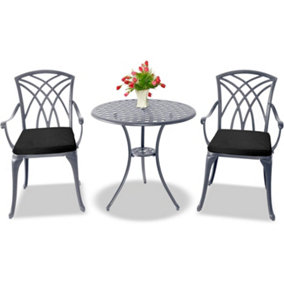 Homeology OSHOWA Grey Aluminium Weatherproof Outdoor Table and 2 Comfortable Chairs with Armrests Bistro Set with Black Cushions