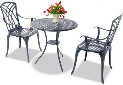 Homeology OSHOWA Grey Cast Aluminium Outdoor Garden Table and 2 Comfortable Chairs with Armrests Bistro Set