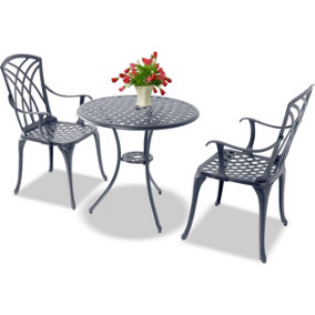 Homeology OSHOWA Grey Cast Aluminium Outdoor Garden Table and 2 Comfortable Chairs with Armrests Bistro Set