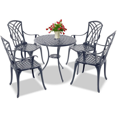 Homeology OSHOWA Luxurious Garden and Patio Table and 4 Large Chairs with Armrests Cast Aluminium Bistro Set Grey