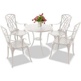 Homeology OSHOWA Luxurious Garden and Patio Table and 4 Large Chairs with Armrests Cast Aluminium Bistro Set - White