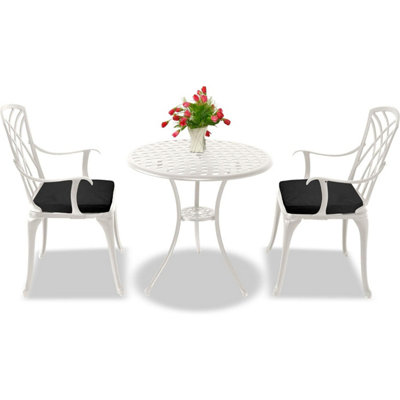 Homeology OSHOWA White Aluminium Weatherproof Outdoor Table and 2 Comfortable Chairs Bistro Set with Black Cushions