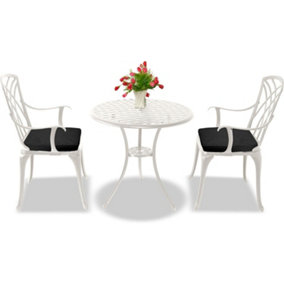 Homeology OSHOWA White Aluminium Weatherproof Outdoor Table and 2 Comfortable Chairs with Armrests Bistro Set with Black Cushions