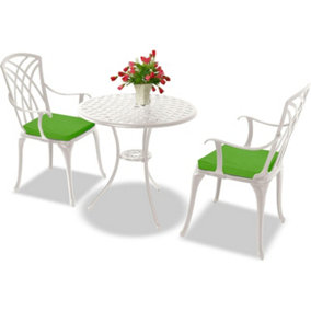 Homeology OSHOWA White Aluminium Weatherproof Outdoor Table and 2 Comfortable Chairs with Armrests Bistro Set with Green Cushions