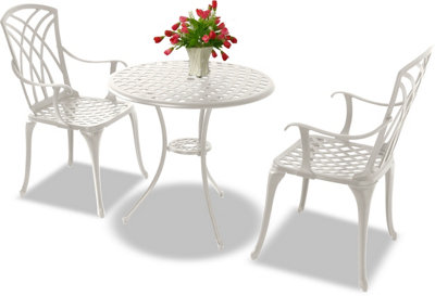 Homeology OSHOWA White Cast Aluminium Outdoor Garden Table and 2 Comfortable Chairs with Armrests Bistro Set