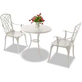 Homeology OSHOWA White Cast Aluminium Outdoor Garden Table and 2 Comfortable Chairs with Armrests Bistro Set