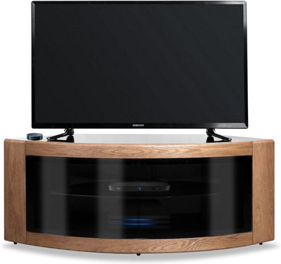 Homeology PANGEA Black Oak Curved Tru-Corner Beam-Thru Doors up to 50" TV Cabinet