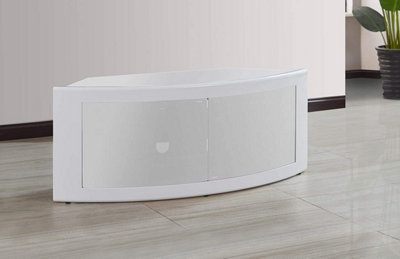 Homeology PANGEA Gloss White Curved Tru-Corner Beam-Thru White Glass Doors up to 50" TV Cabinet