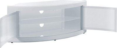Homeology PANGEA Gloss White Curved Tru-Corner Beam-Thru White Glass Doors up to 50" TV Cabinet