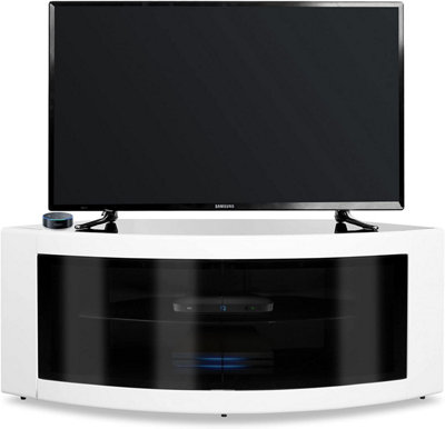 Homeology PANGEA Gloss White Curved Tru-Corner Black Beam-Thru Doors up to 50" TV Cabinet