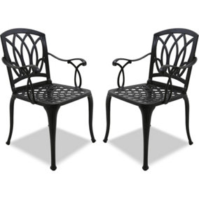 Homeology Positano 2-Large Garden and Patio Bistro Chairs with Armrests in Cast Aluminium Black