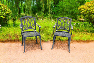 Homeology Positano 2-Large Garden and Patio Bistro Chairs with Armrests in Cast Aluminium Grey