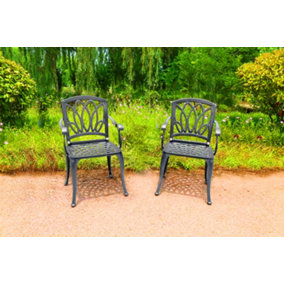 Homeology Positano 2-Large Garden and Patio Bistro Chairs with Armrests in Cast Aluminium Grey