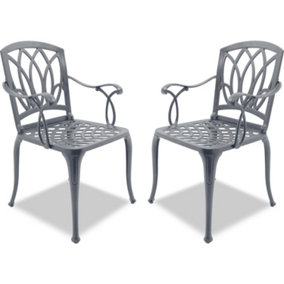 Homeology Positano 2-Large Garden and Patio Bistro Chairs with Armrests in Cast Aluminium Grey