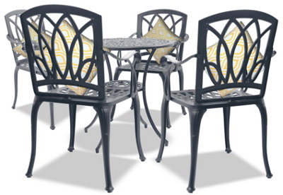 Homeology POSITANO Luxurious Garden and Patio Table and 4 Large Chairs with Armrests Cast Aluminium Bistro Set - Grey