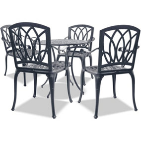 Homeology POSITANO Luxurious Garden and Patio Table and 4 Large Chairs with Armrests Cast Aluminium Bistro Set - Grey