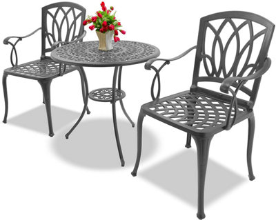 Homeology POSITANO Luxurious Garden Table and 2 Large Chairs with Armrests Cast Aluminium Bistro Set - Grey