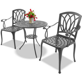Homeology POSITANO Luxurious Garden Table and 2 Large Chairs with Armrests Cast Aluminium Bistro Set - Grey