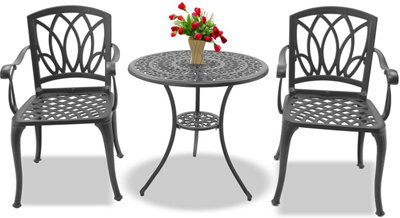 Homeology POSITANO Luxurious Garden Table and 2 Large Chairs with Armrests Cast Aluminium Bistro Set - Grey