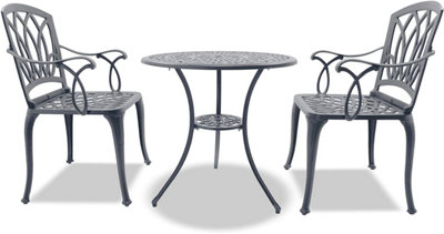 Homeology POSITANO Luxurious Garden Table and 2 Large Chairs with Armrests Cast Aluminium Bistro Set - Grey