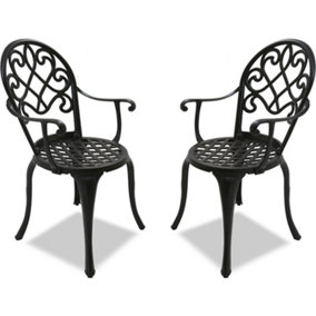 Homeology Prego 2-Large Garden and Patio Bistro Chairs with Armrests in Cast Aluminium Black