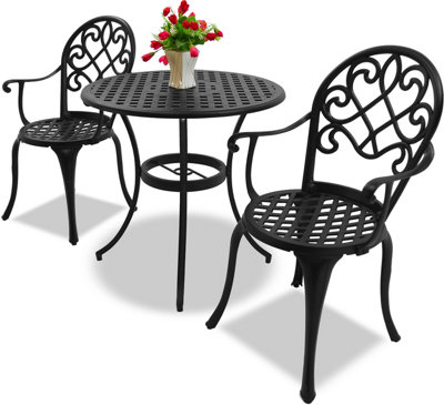 Homeology PREGO Black Outdoor Garden Table and 2 Large Chairs with Armrests Cast Aluminium Bistro Set