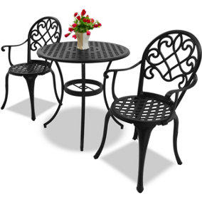 Homeology PREGO Black Outdoor Garden Table and 2 Large Chairs with Armrests Cast Aluminium Bistro Set