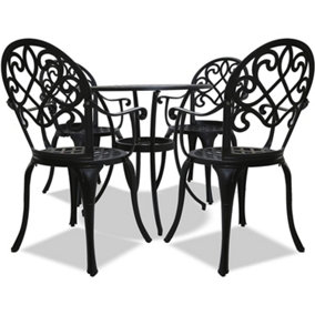 Homeology PREGO Luxurious Garden and Patio Table and 4 Large Chairs with Armrests Cast Aluminium Bistro Set - Black
