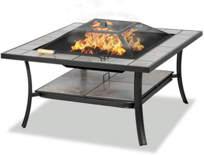 Homeology SHANGO Multi-Functional Black with Ceramic Tiles Outdoor Square Heater, Fire Pit, Brazier, Table