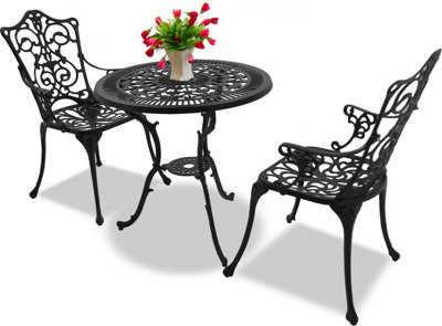 Homeology TABREEZ Black Outdoor Garden Patio Table and 2 Large Chairs with Armrests Cast Aluminium Bistro Set