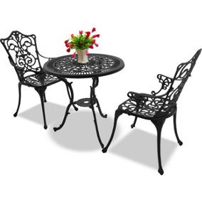 Homeology TABREEZ Black Outdoor Garden Patio Table and 2 Large Chairs with Armrests Cast Aluminium Bistro Set