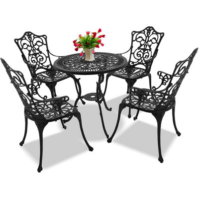 Homeology TABREEZ Opulent Garden and Patio Table and 4 Large Chairs with Armrests Cast Aluminium Bistro Set - Black