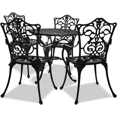 Homeology TABREEZ Opulent Garden and Patio Table and 4 Large Chairs with Armrests Cast Aluminium Bistro Set - Black
