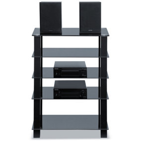 Homeology TRINITY Gloss Black 5 Shelf with Black Legs Flat Screen TV Rack Glass Stand