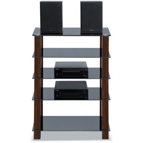 Homeology TRINITY Gloss Black 5 Shelf with Walnut Legs Flat Screen TV Rack Glass Stand