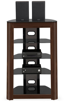 Homeology ZINNIA 5-Tier Walnut Fascia with Black Glass Shelves Entertainment Media Audio Rack