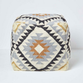 Homescapes Agra Gold and Black Kilim Footstool Handwoven Beanbag Pouffe 43 x 43 cm