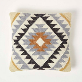 Homescapes Agra Handwoven Gold and Black Kilim Cushion with Feather Filling
