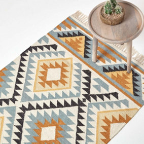 Homescapes Agra Handwoven Ochre Gold, Silver Grey and Black Diamond Pattern Kilim Wool Rug, 160 x 230 cm
