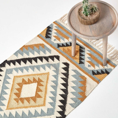 Homescapes Agra Handwoven Ochre Gold, Silver Grey and Black Diamond Pattern Kilim Wool Rug, 66 x 200 cm