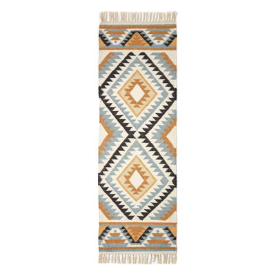 Homescapes Agra Handwoven Ochre Gold, Silver Grey and Black Diamond Pattern Kilim Wool Rug, 66 x 200 cm