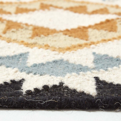 Homescapes Agra Handwoven Ochre Gold, Silver Grey and Black Diamond Pattern Kilim Wool Rug, 66 x 200 cm