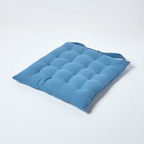 Homescapes Airforce Blue Plain Seat Pad with Button Straps 100% Cotton 40 x 40 cm