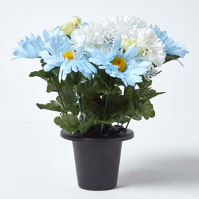 Homescapes Baby Blue and White Artificial Flowers in Grave Vase