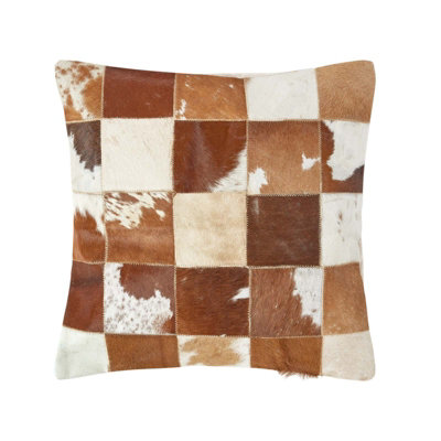 Homescapes Beige and Cream Real Leather & Goat Hair Small Check Cushion with Feather Filling