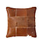 Homescapes Beige Real Leather & Goat Hair Large Check Cushion with Feather Filling