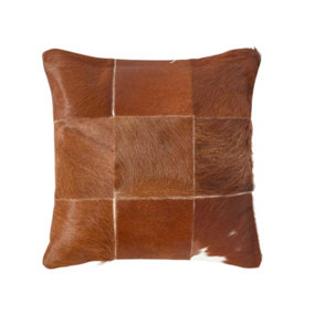 Homescapes Beige Real Leather & Goat Hair Large Check Cushion with Feather Filling